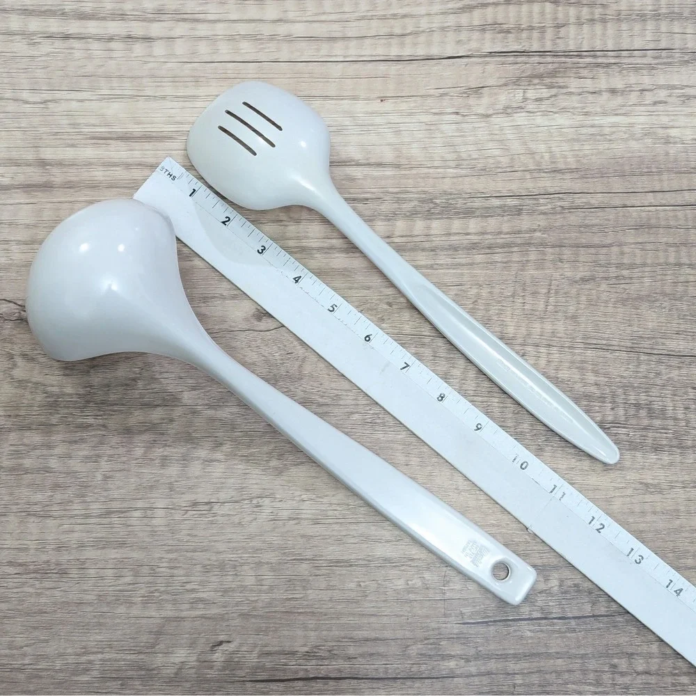 Vtg Machi White Melamine Kitchen Utensils Slotted Spoon MC-721 Ladle MC-712 Set